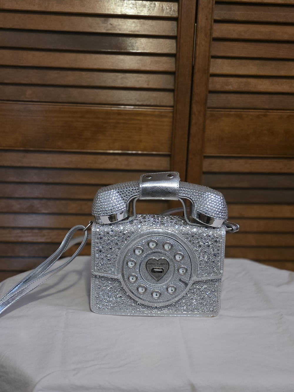 Betsey Johnson Silver Rhinestone Retro Telephone Crossbody Bag